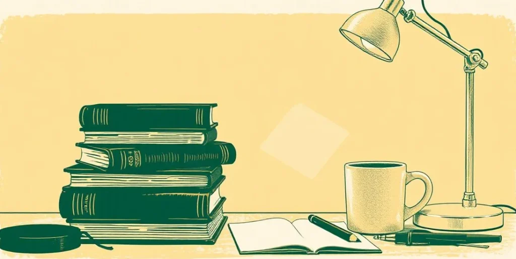 Illustration of a stack of closed books under a glowing desk lamp at night