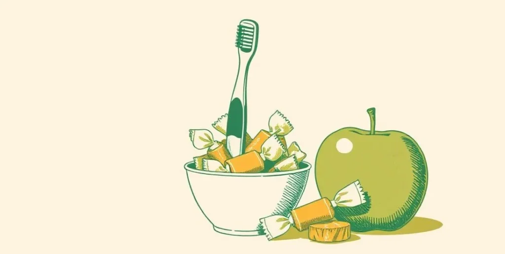 Illustration of a toothbrush in a cup beside a bowl of candies and an apple