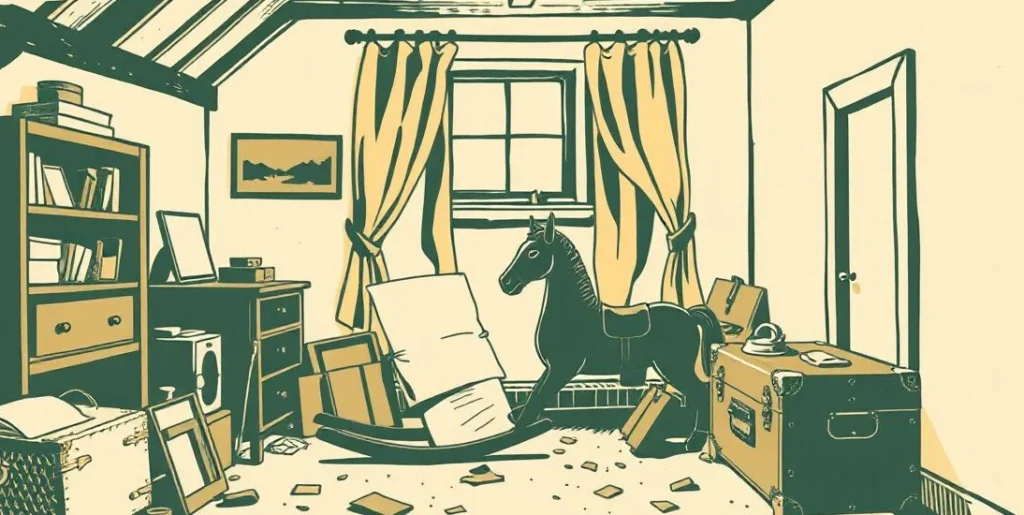 Illustration of a dusty attic with a rocking horse and an old trunk