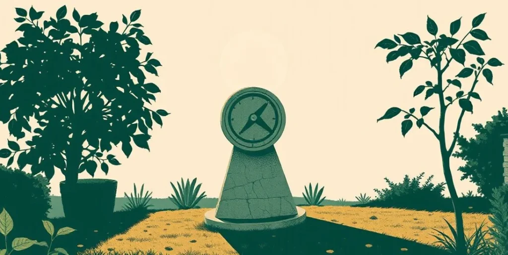 Illustration of a garden sundial casting a long shadow at sunset