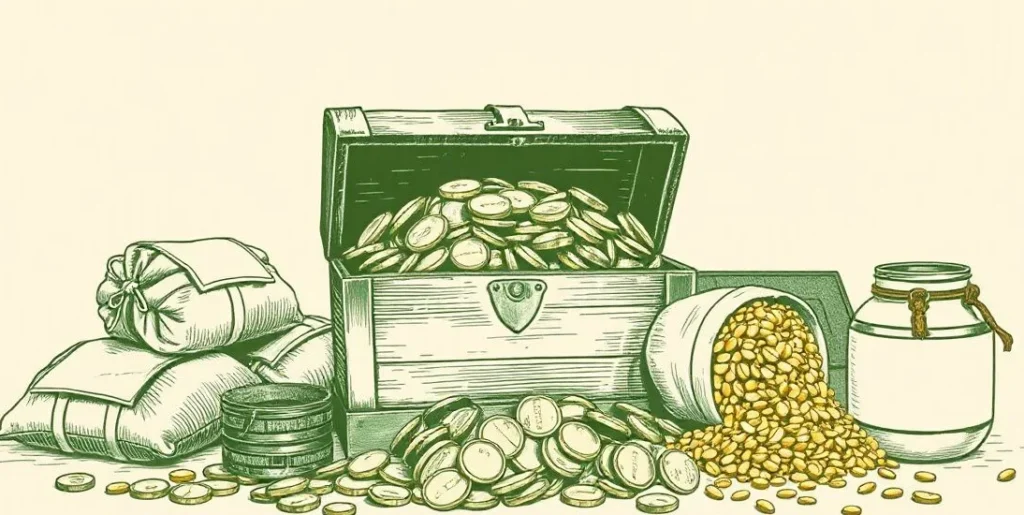 Illustration of an overflowing treasure chest spilling gold coins beside sacks of grain