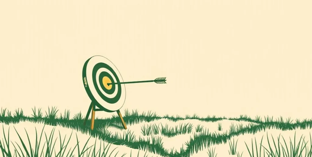 Illustration of an arrow striking the center of a target in a meadow