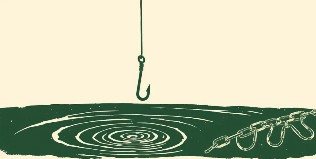 Illustration of a fishing hook over a dark pool with a tangled chain nearby