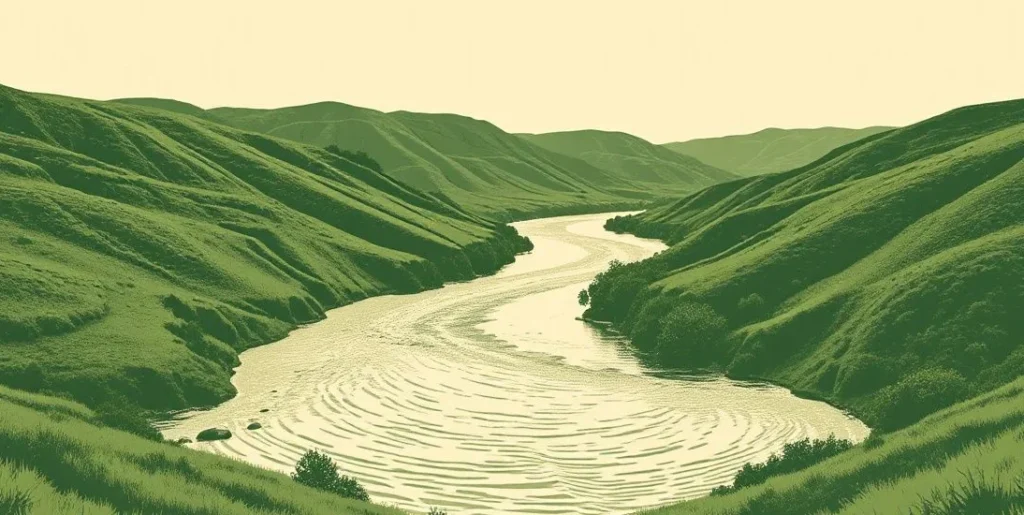 Illustration of two rivers merging into one stream in a green valley