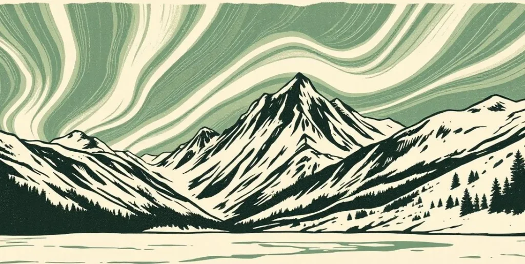 Illustration of the northern lights shimmering over snowy mountains and a frozen lake