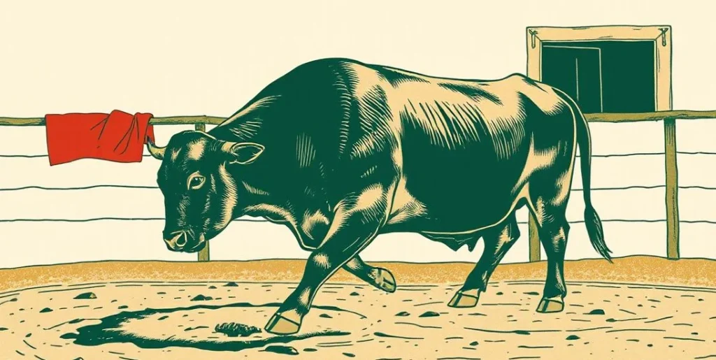 Illustration of a snorting bull facing a red cape draped on a fence