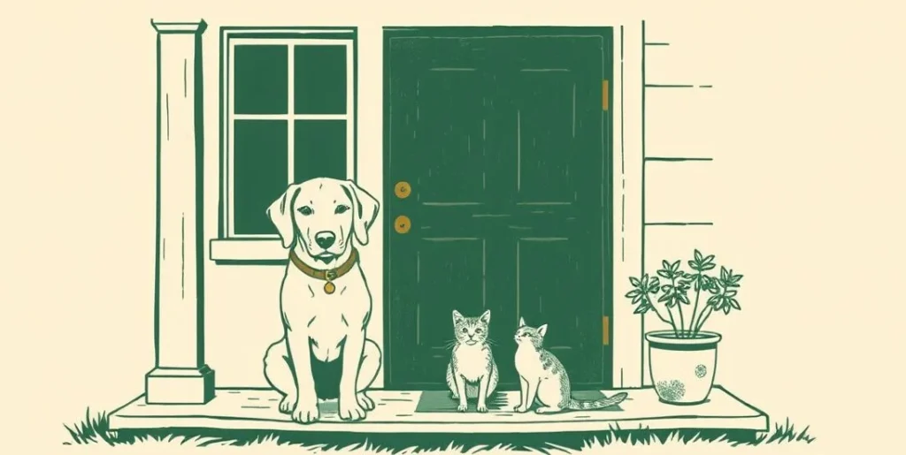 Illustration of a dog, a cat and a bird together on a farmhouse porch