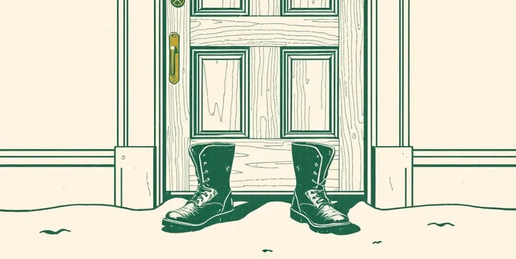 Illustration of a pair of boots standing in snow outside a closed door