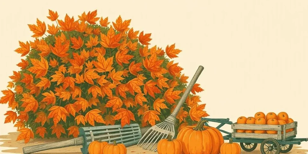 Illustration of fallen maple leaves, a rake, pumpkins and a cart of apples