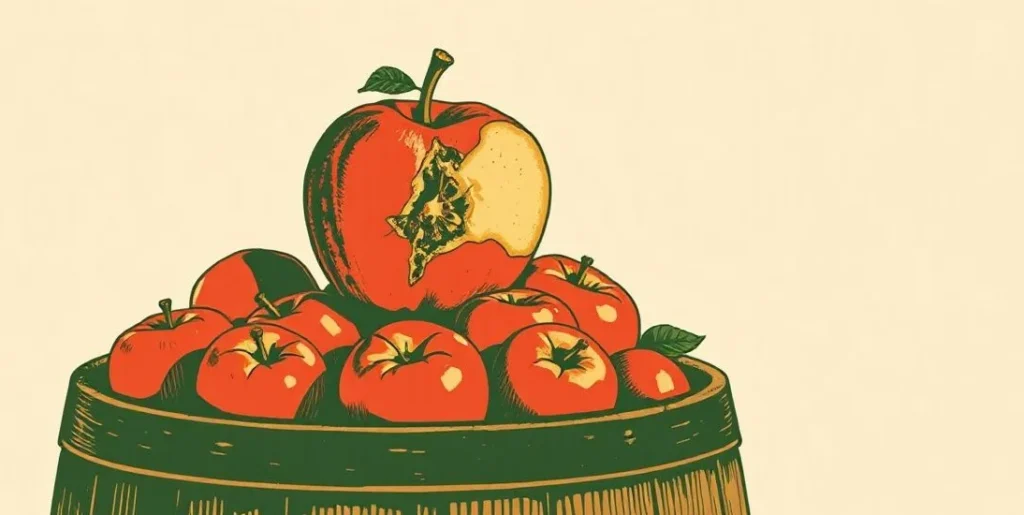 Illustration of a rotten apple on top of a barrel of fresh apples