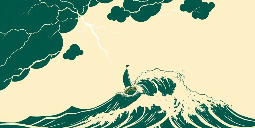 Illustration of a small boat tossed on towering waves in a storm