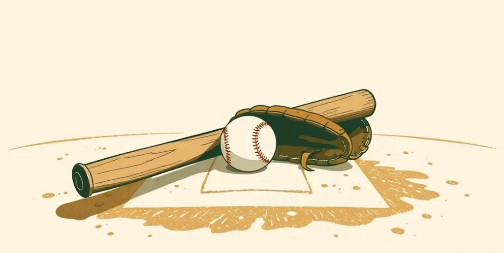 Illustration of a baseball bat, glove and ball resting on home plate