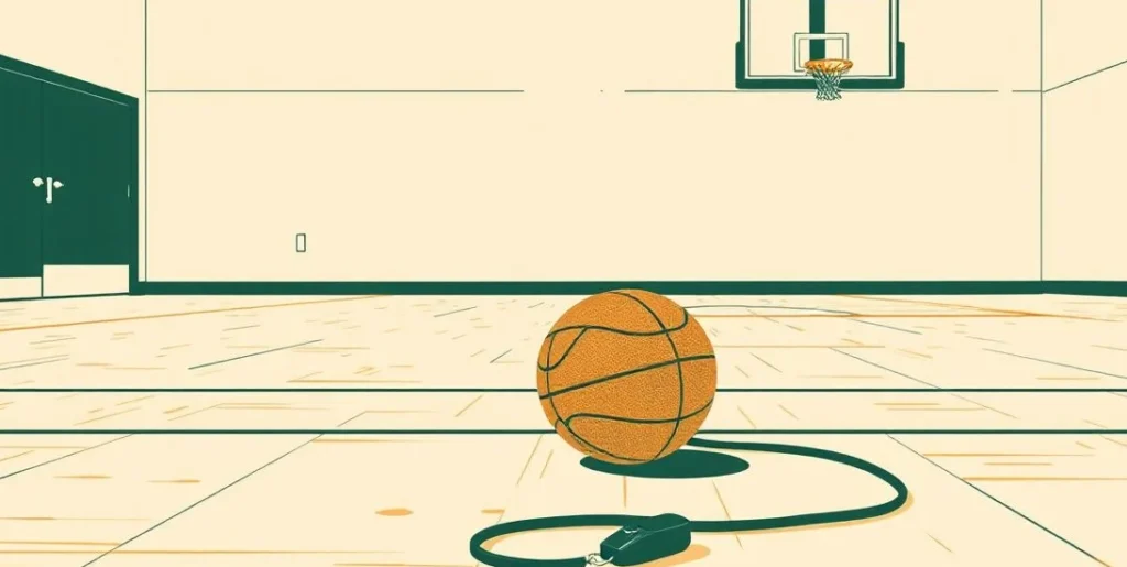 Illustration of a basketball on the floor of an empty gym beside a whistle