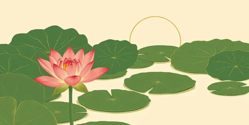 Illustration of a lotus flower blooming on a still pond at sunrise