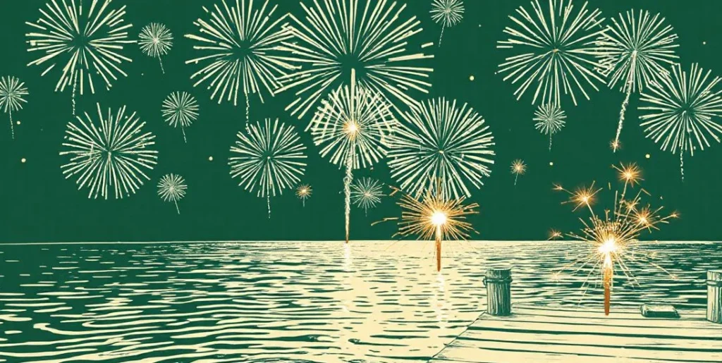 Illustration of fireworks bursting over a lake with sparklers on a dock