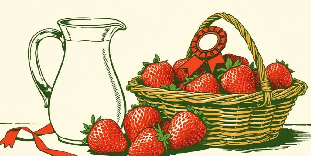 Illustration of a cream pitcher beside ripe strawberries and a prize rosette