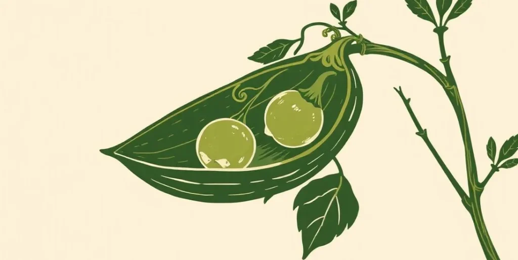 Illustration of two peas nestled in an open pod on a garden vine