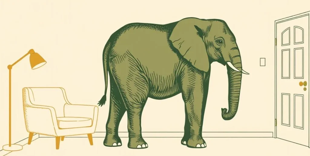 Illustration of an elephant standing in a living room beside a tiny armchair