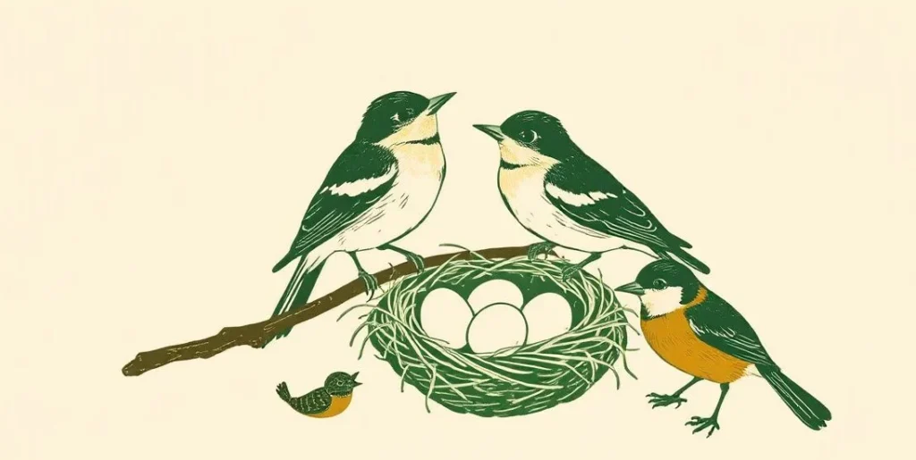 Illustration of birds on a branch beside a nest, one catching a worm
