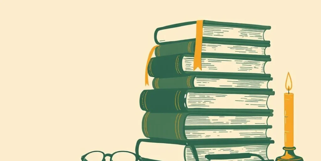 Illustration of a stack of closed books with reading glasses and a candle