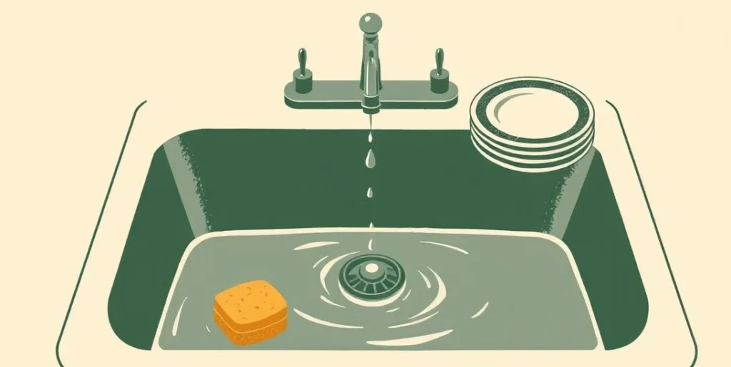 Illustration of a sink of dishwater with a sponge, stacked plates and a dripping faucet