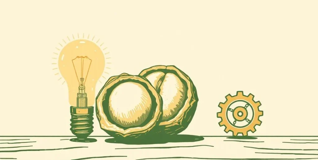Illustration of a split walnut beside a glowing light bulb and interlocking gears