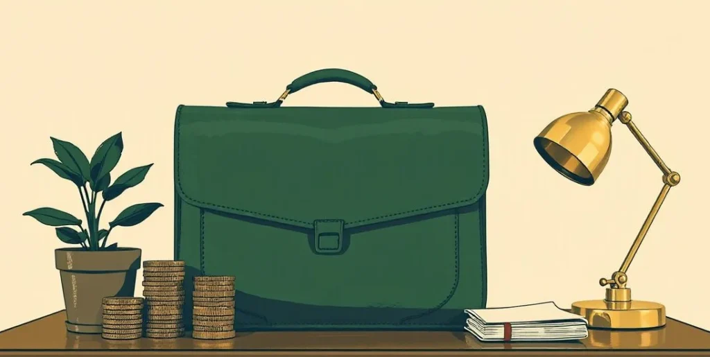 Illustration of a leather briefcase, stacked coins and a desk lamp on an office desk
