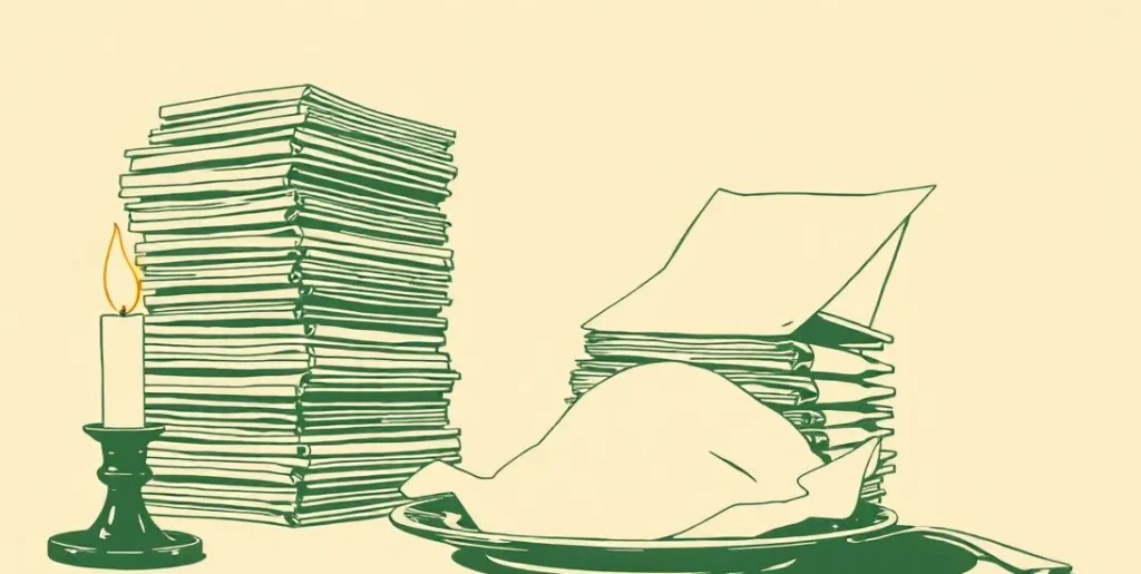 Illustration of a low candle beside stacks of folders and a full plate