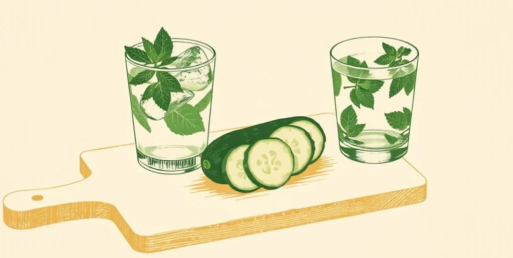 Illustration of a sliced cucumber beside a glass of iced mint water