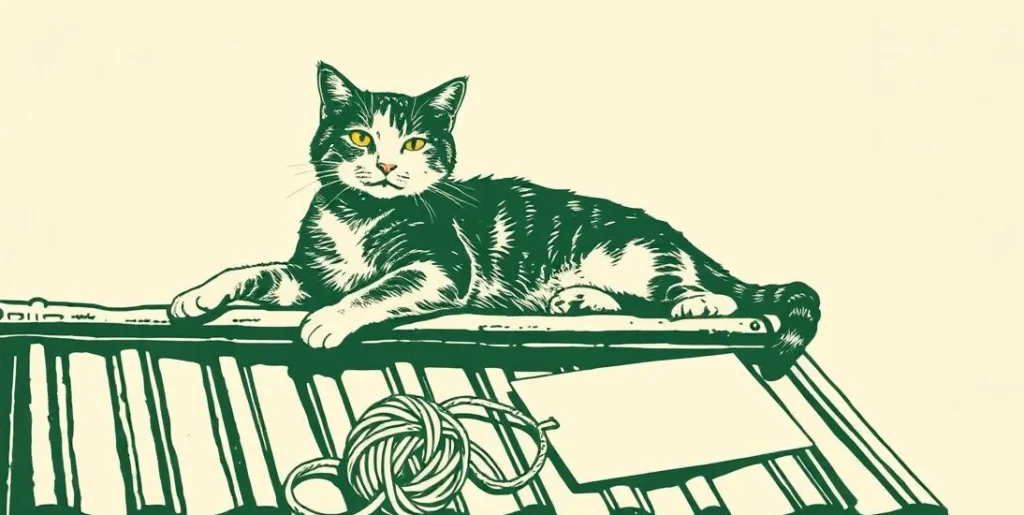 Illustration of a cat stretching on a tin roof beside a ball of yarn