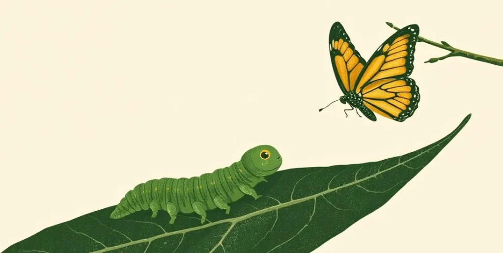 Illustration of a caterpillar, a chrysalis and a butterfly taking flight