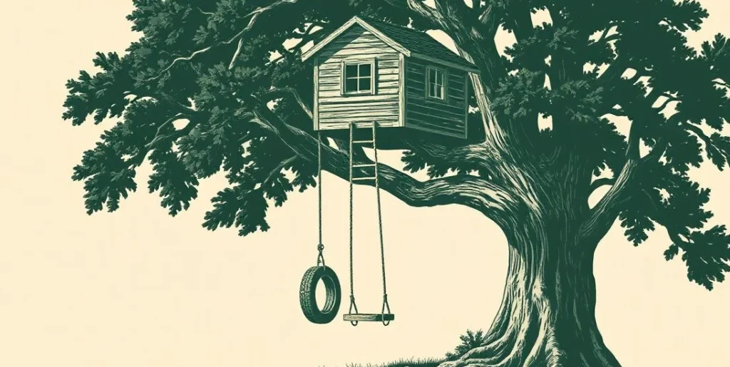 Illustration of a treehouse in an oak tree with a rope ladder and tire swing