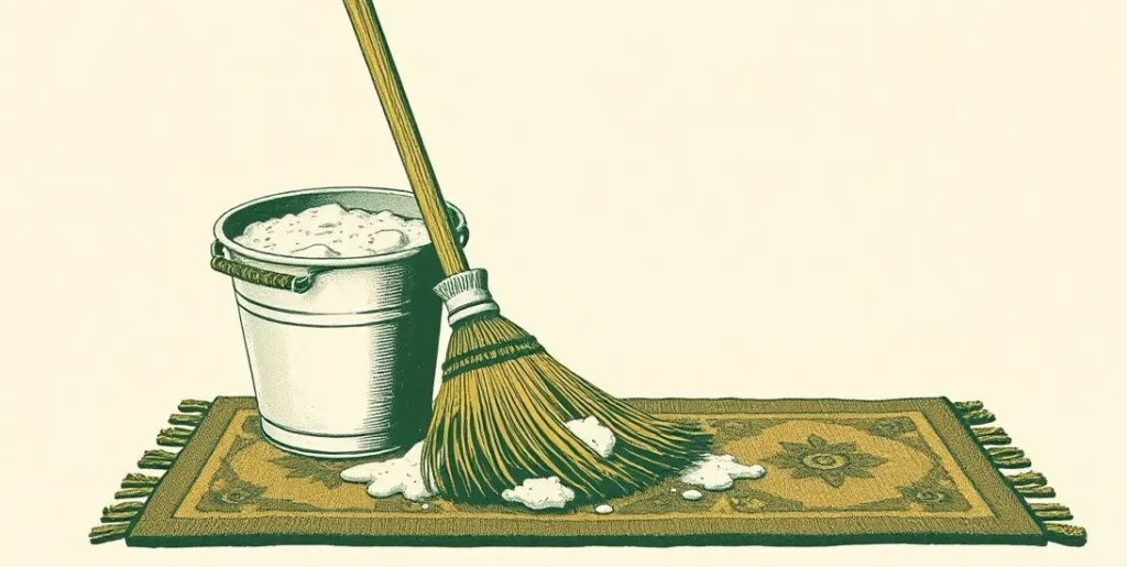 Illustration of a broom, a sudsy tin bucket and a rug with dust swept underneath