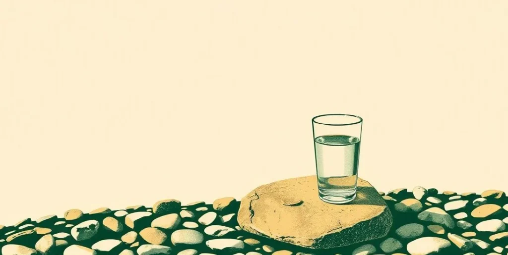 Illustration of a crystal-clear spring over pebbles with a glass of water