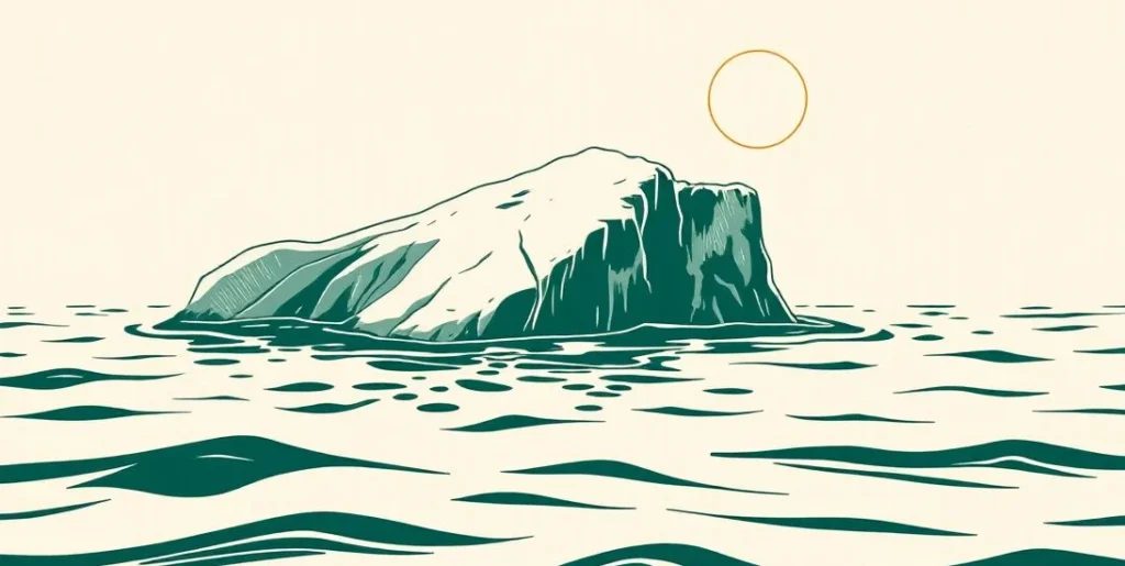 Illustration of a melting iceberg under a hot sun with meltwater streaming down