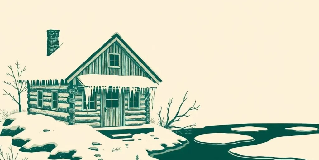Illustration of a snowy cabin with icicles beside a frozen pond