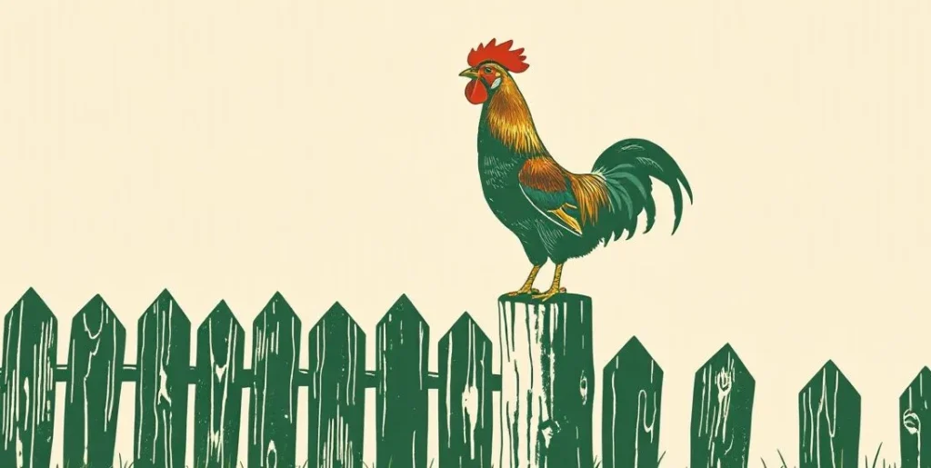 Illustration of a rooster crowing from a fence post at dawn