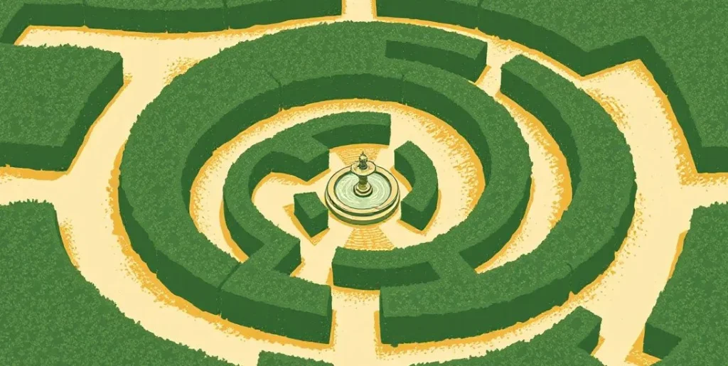 Illustration of a hedge maze with winding paths and dead ends