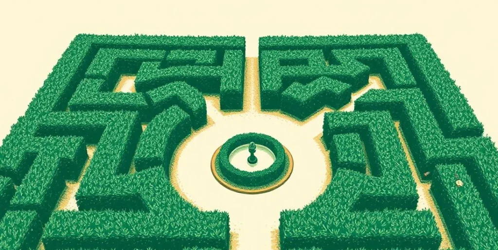 Illustration of a hedge maze with winding paths and a fountain at its center