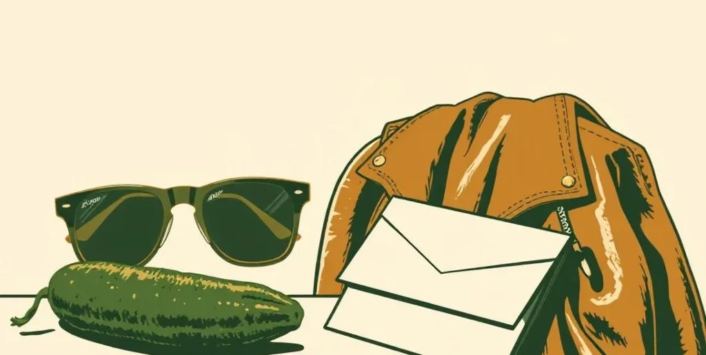Illustration of sunglasses beside a cucumber and a leather jacket on a chair