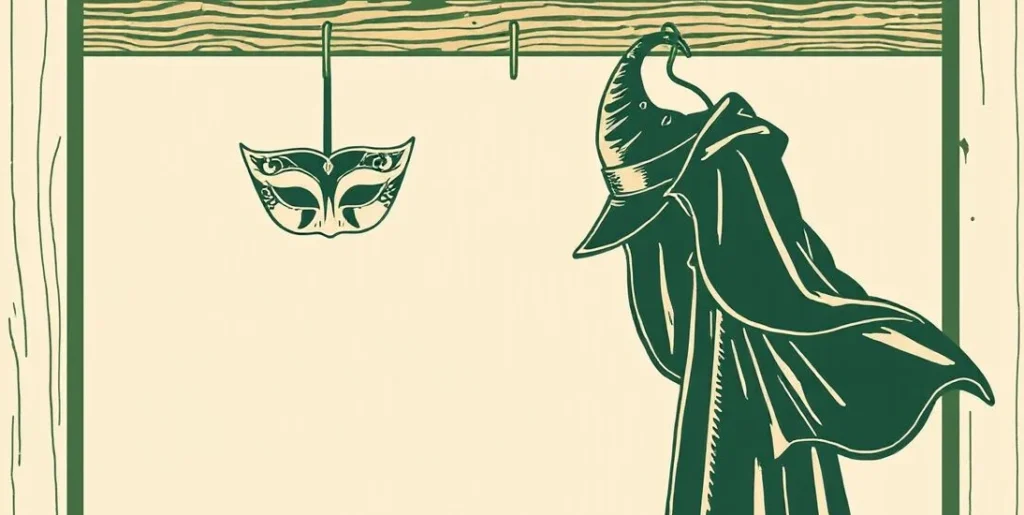Illustration of a masquerade mask, a pointed hat and a cape hanging on a costume rack