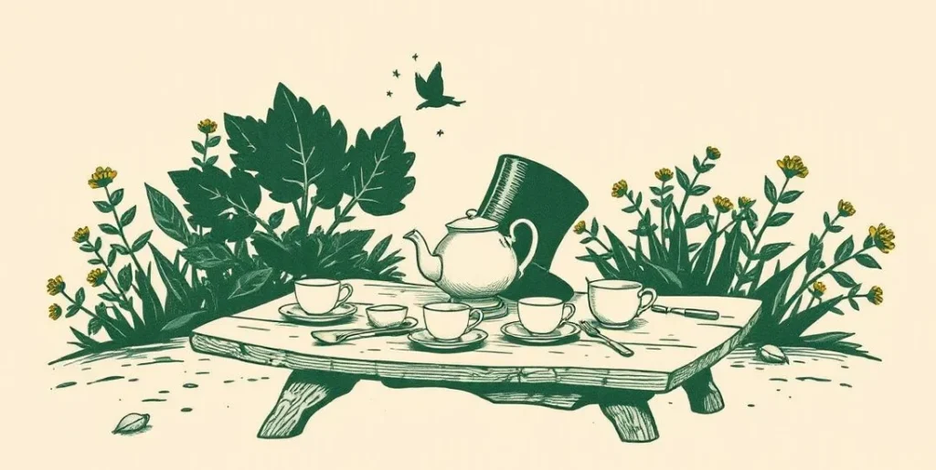Illustration of a top hat, teapot and mismatched teacups on a crooked tea table