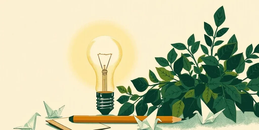 Illustration of a glowing light bulb sprouting leaves beside paper cranes