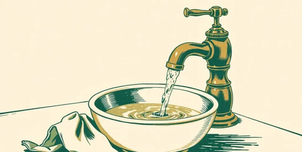 Illustration of water pouring from a faucet into an overflowing basin