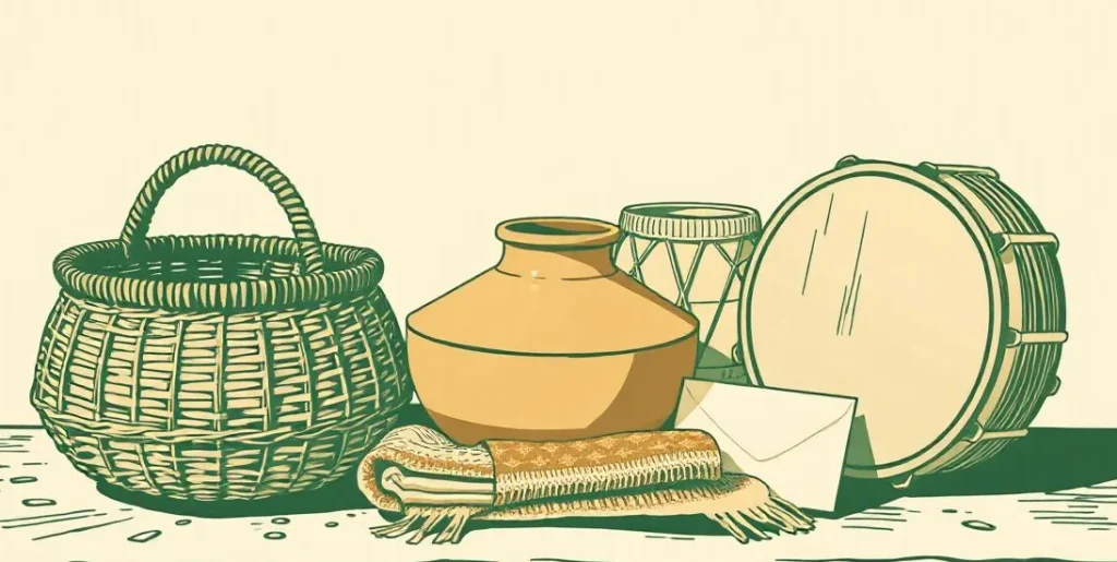 Illustration of a woven basket, clay pot, patterned textile and wooden drum
