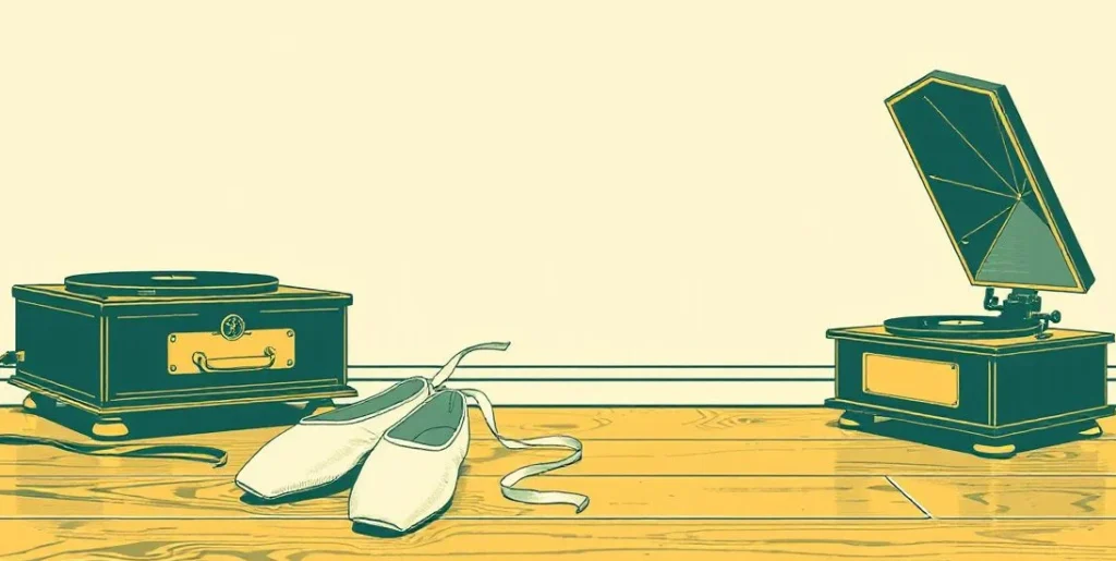 Illustration of ballet slippers beside a gramophone on a wooden floor