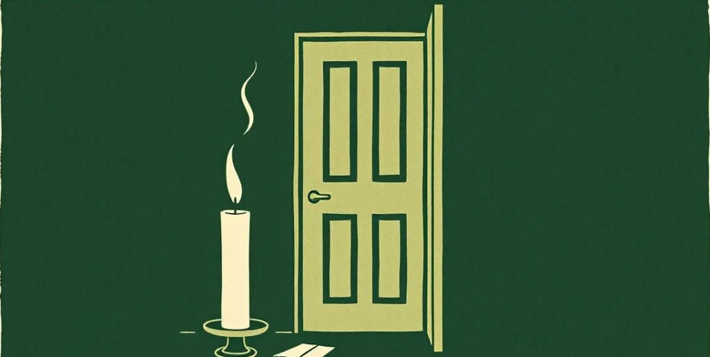 Illustration of a snuffed candle trailing smoke in a pitch-black room
