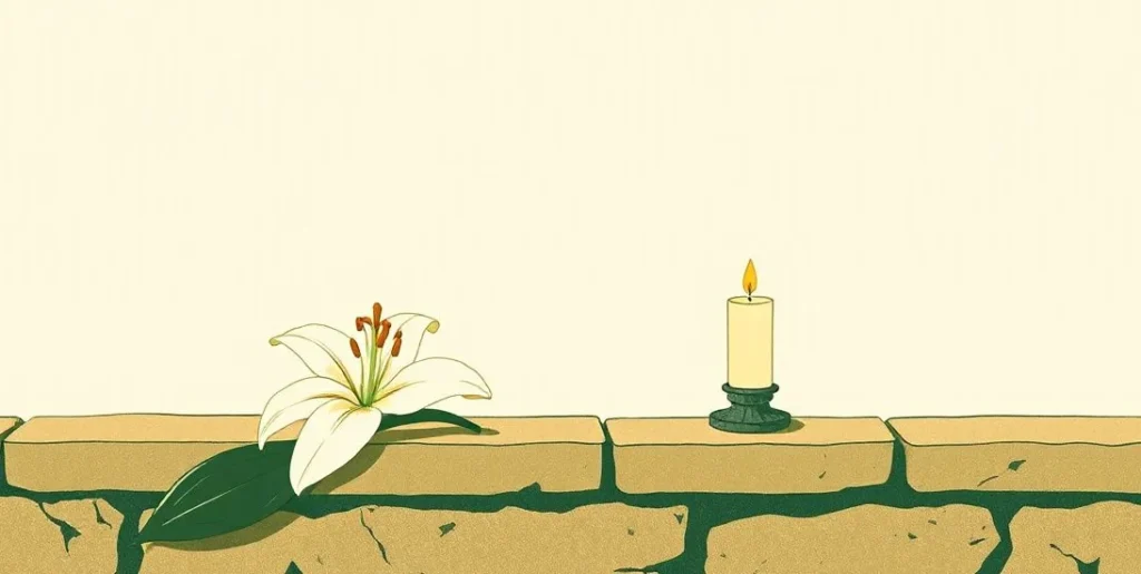 Illustration of a single white lily and a lit candle on a stone ledge