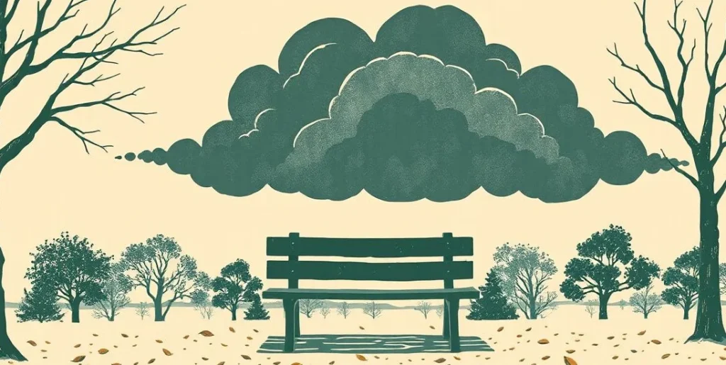 Illustration of a dark cloud over a lone bench in a gray autumn park