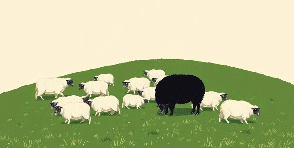 Illustration of a black sheep grazing among a flock of white sheep